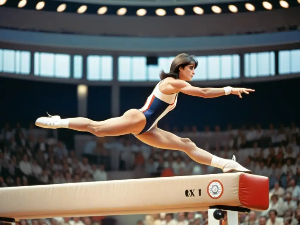 Histórica imagen de Nadia Comaneci en los Juegos Olímpicos de Montreal 1976, mostrando su equilibrio perfecto en la viga de equilibrio