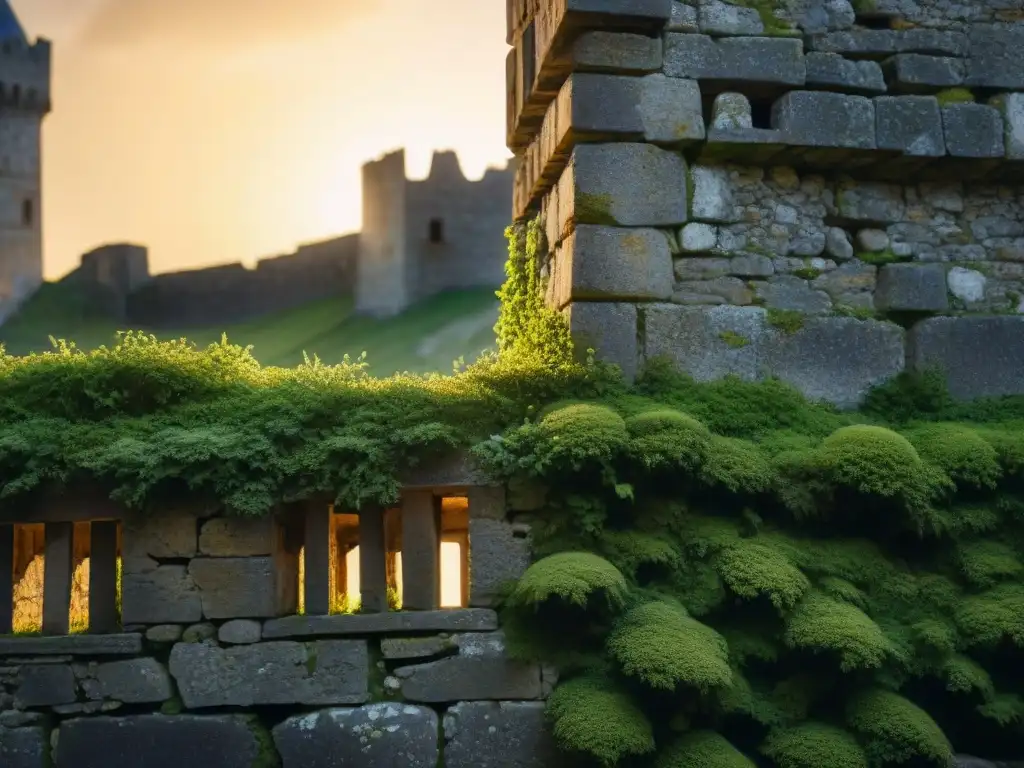 Histórica pared de castillo en ruinas con detallados grabados y musgo, bañada por luz solar, reflejando historia esgrima castillos ruinas