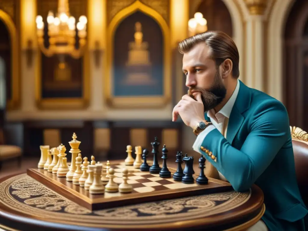 Un hombre ruso contemplando un ajedrez histórico en un palacio opulento