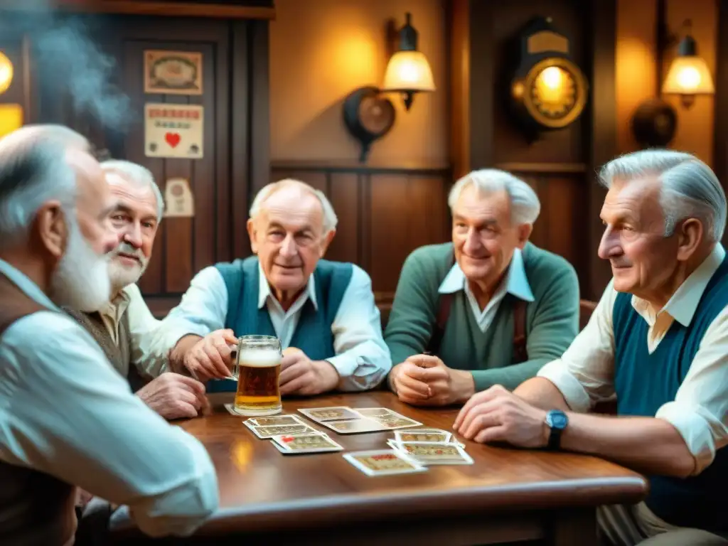 Hombres alemanes de edad en pub tradicional jugando Skat, reflejando camaradería y competencia