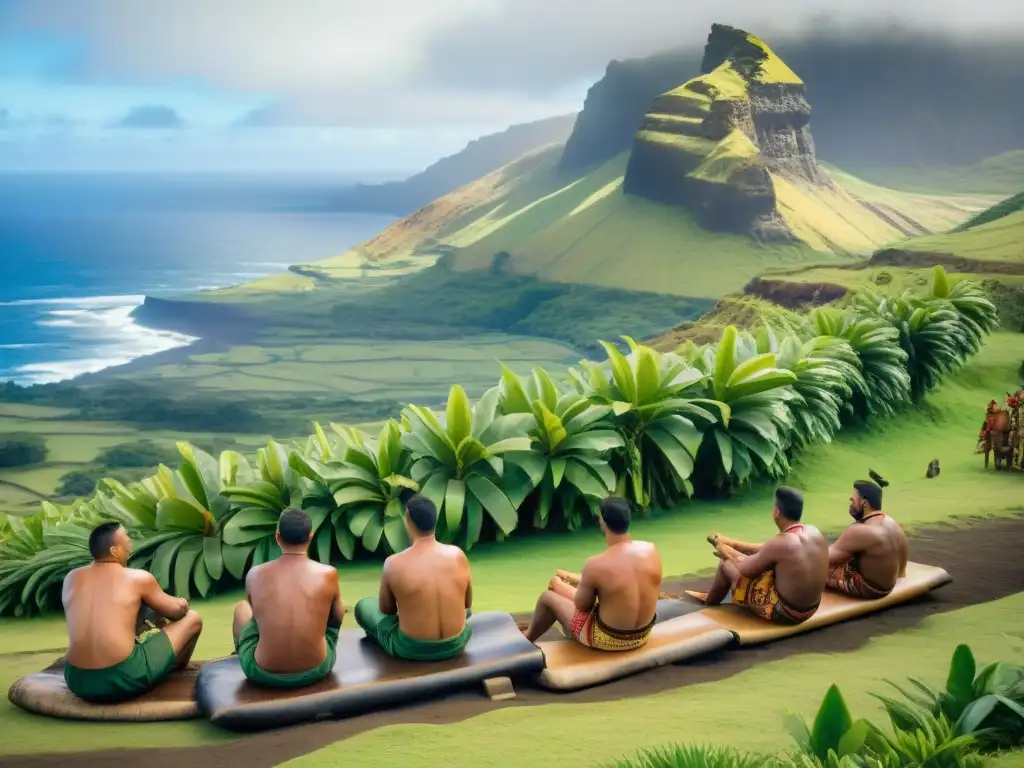 Hombres Rapa Nui se preparan para el Haka Pei en el volcán Rano Kau de Isla Pascua, listos para deslizarse por la ladera con troncos de plátano