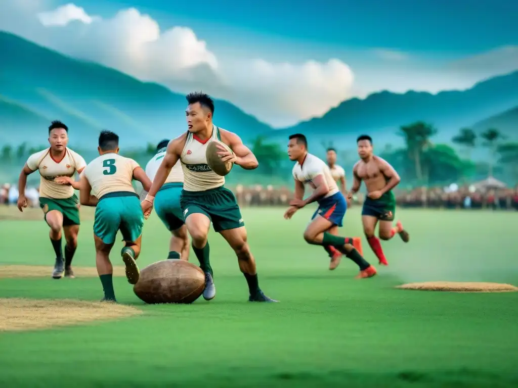 Hombres manipuris juegan Rugby Sagrado Manipur en campos verdes, cielo azul