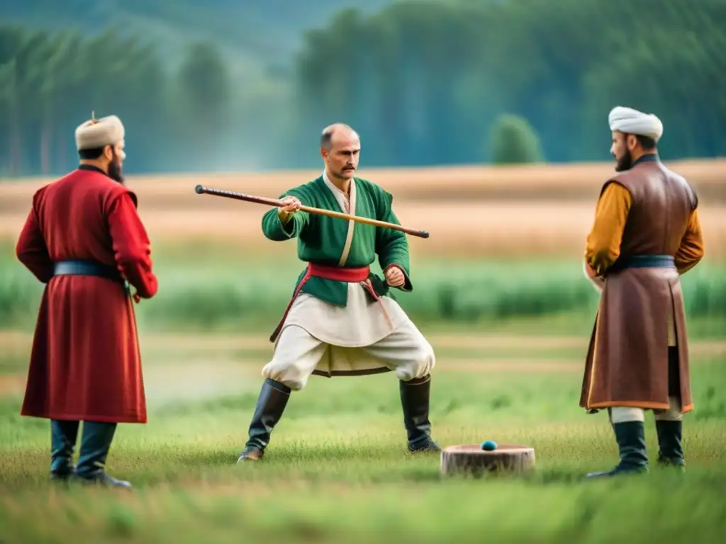 Hombres rusos en tradicionales trajes antiguos jugando al Lapta en un campo verde