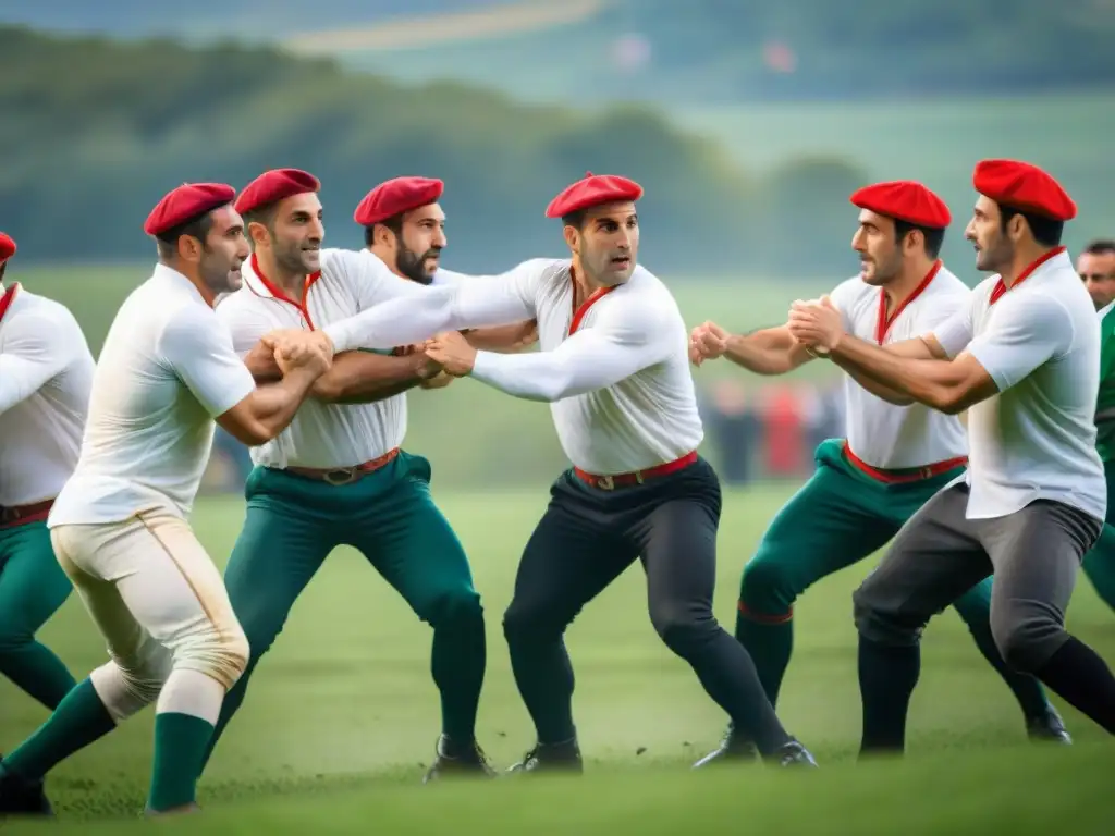 Ocho hombres vascos en intenso sokatira, mostrando fuerza y unidad en campo verde