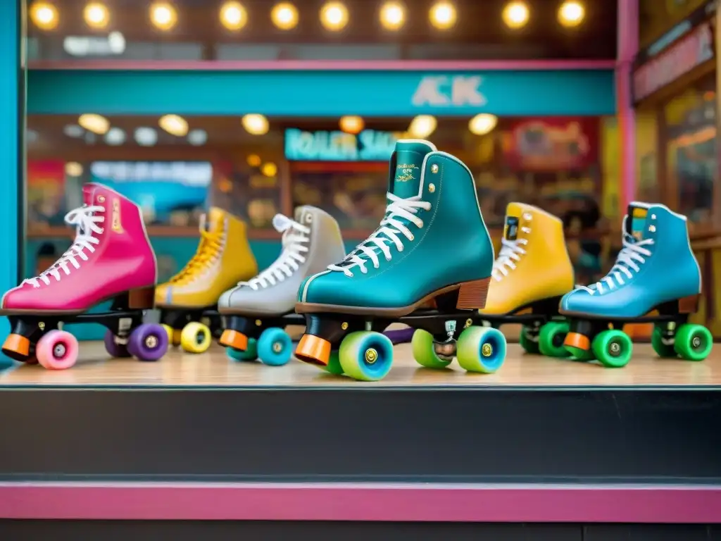 Un icónico escaparate de una tienda de patines retro de los años 70, con una atmósfera nostálgica de diversidad y emoción por la evolución de los deportes y culturas del patinaje