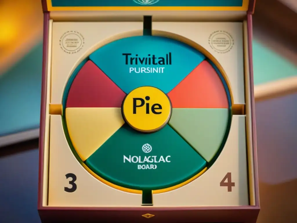 Un icónico juego de mesa Trivial Pursuit vintage con sus piezas de colores y detallado diseño, evocando nostalgia y desafío intelectual