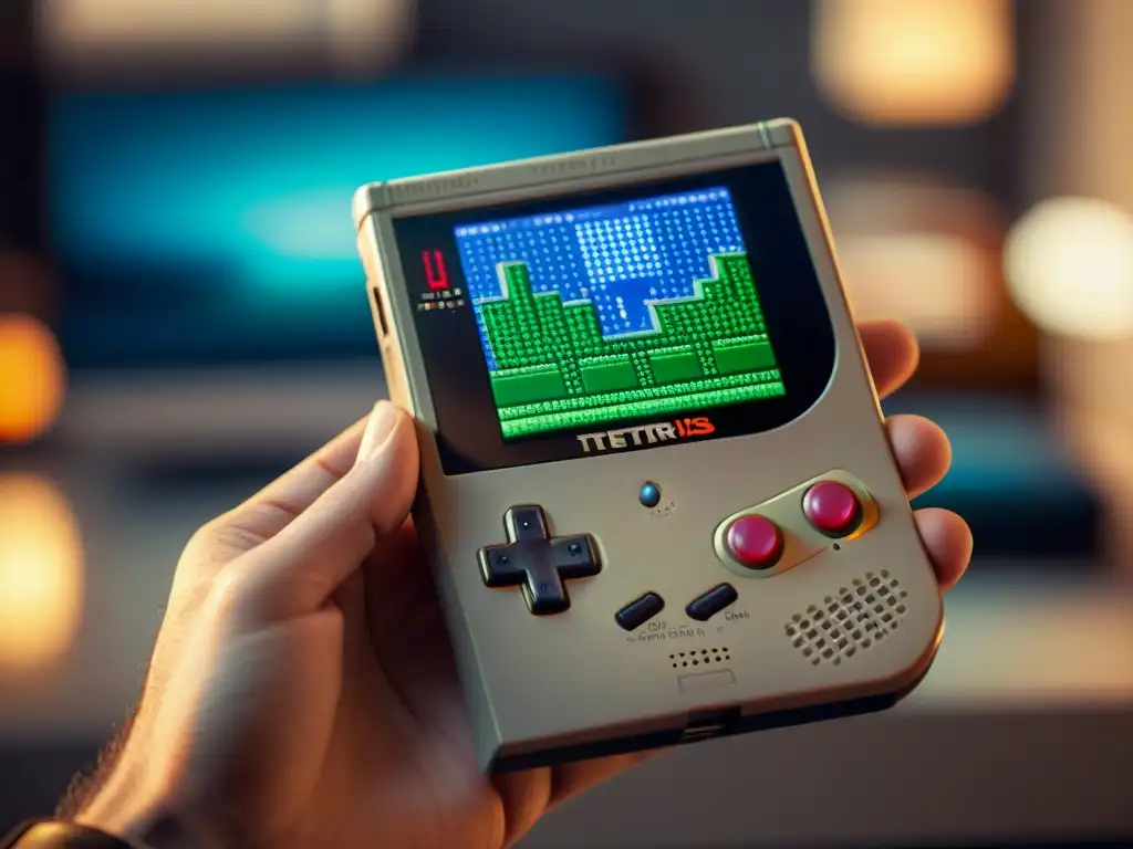 La evolución de juegos icónicos mundo: contraste entre el clásico Game Boy y un smartphone con Tetris en pantalla