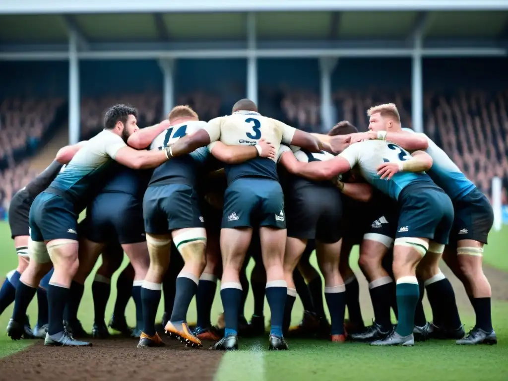 Imagen en blanco y negro de jugadores de rugby en un intenso scrum durante un partido del siglo XX