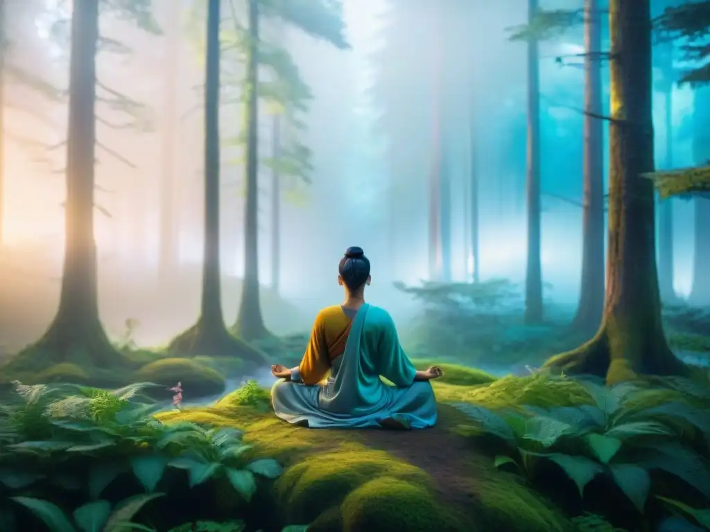 Imagen de un bosque virtual sereno y detallado, con colores vibrantes y una figura meditando en un aura de calma