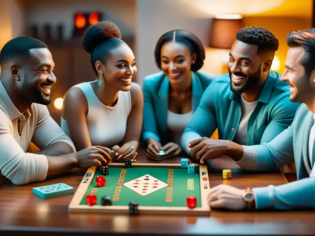 Una imagen detallada de amigos disfrutando de juegos de mesa para sociabilizar en una noche acogedora y animada