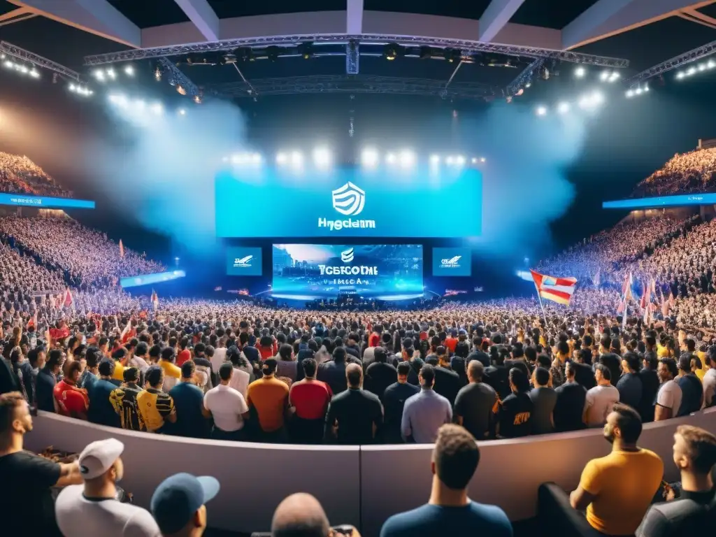 Una imagen detallada de un bullicioso estadio de eSports con equipos de diferentes países compitiendo en el escenario, rodeados de entusiastas fans agitando banderas y vistiendo camisetas coloridas, mostrando la diversa participación global y el impacto cultural de los eSports