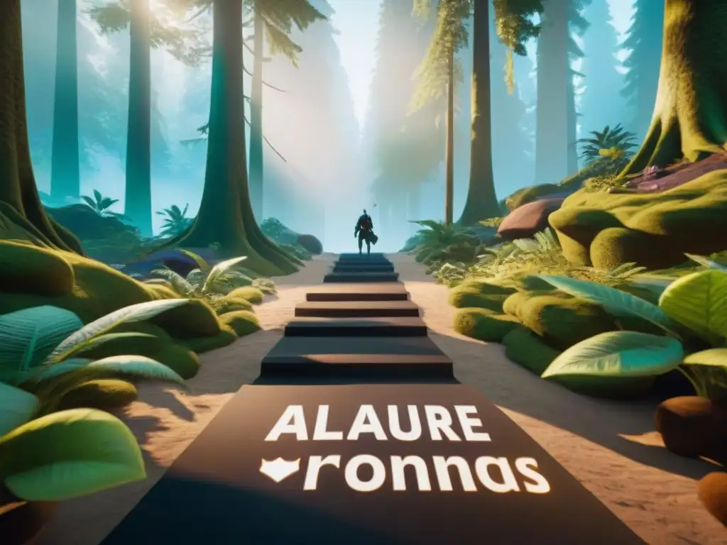 Imagen detallada de dos caminos virtuales en un bosque: uno iluminado y atractivo representando 'Free to Play', y el otro oscuro y misterioso simbolizando 'Pay to Play