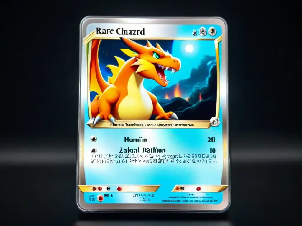 Una imagen detallada de una carta Pokémon holográfica Charizard rara en perfecto estado, enmarcada en terciopelo negro