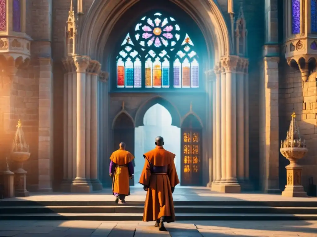 Imagen detallada de una catedral medieval iluminada por el cálido atardecer, con vitrales y fieles entrando