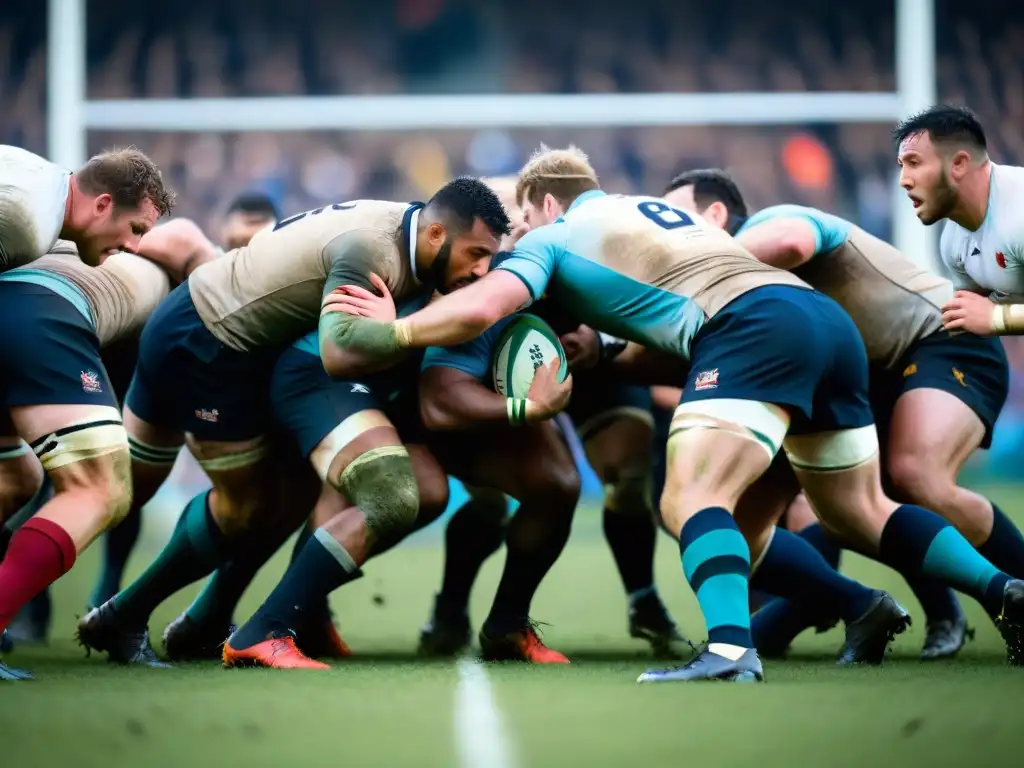 Una imagen detallada y emocionante de jugadores de rugby en scrum