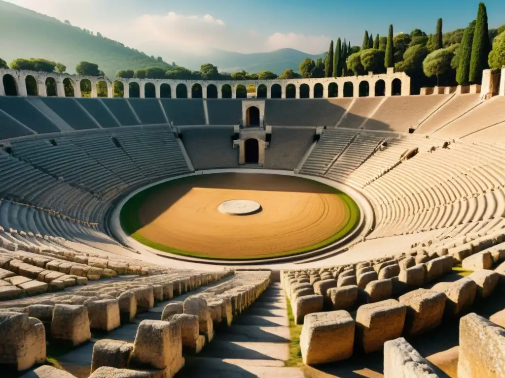 Imagen detallada del Estadio Olímpico antiguo en Olympia, Grecia, evocando la grandiosidad de los Juegos Olímpicos antiguos competencia deportiva