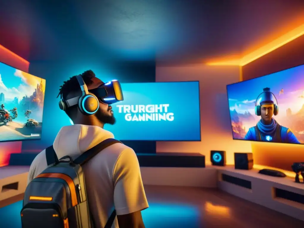 Una imagen detallada de gamers de distintas culturas, unidos en un entorno de realidad virtual futurista, jugando videojuegos históricos e innovadores