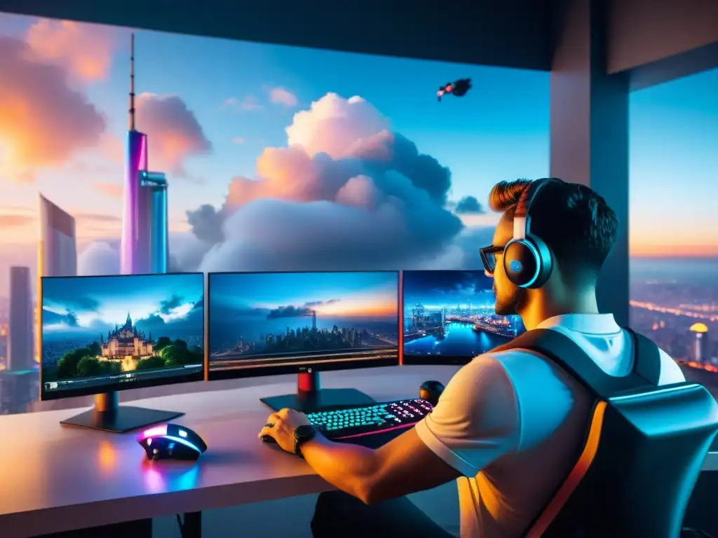 Una imagen detallada de gamers globales concentrados en sus setups de gaming en la nube