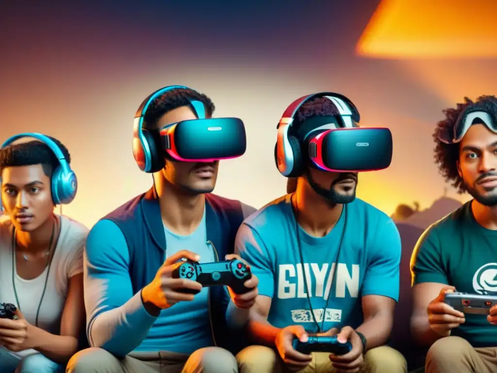 Una imagen detallada que capta a un grupo diverso de personas de diferentes culturas y generaciones inmersas en juegos de distintos dispositivos, desde consolas clásicas hasta PCs modernas y visores de realidad virtual