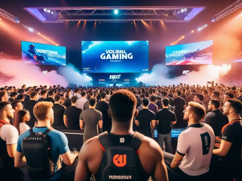 Una imagen detallada de un grupo diverso de gamers en un estadio de esports, mostrando la historia de juegos, deportes y culturas mundiales