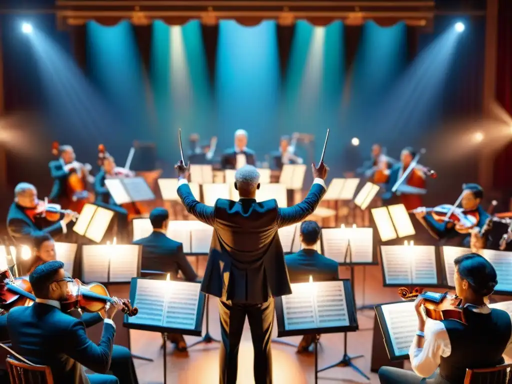 Una imagen detallada de una orquesta sinfónica en vivo, con el director liderando apasionadamente a los músicos en un escenario vibrante con instrumentos musicales y luces coloridas