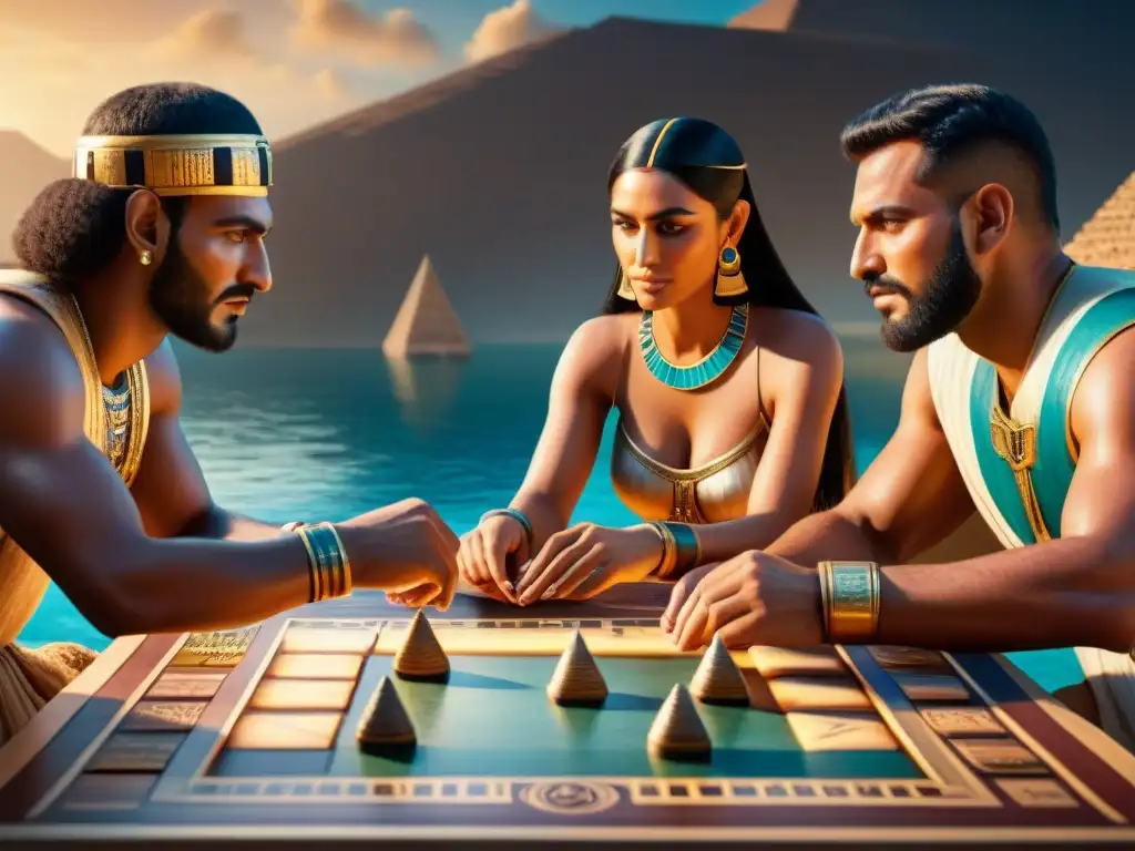Juego ancestral: diversidad cultural en civilizaciones antiguas Una imagen detallada de personas de antiguas civilizaciones jugando un juego de mesa, mostrando concentración y alegría