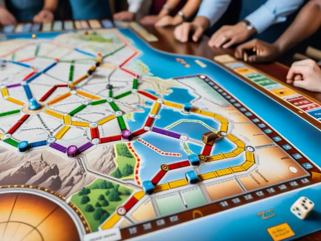 Una imagen detallada de personas de diferentes culturas jugando Ticket to Ride, mostrando la diversidad y la unión cultural