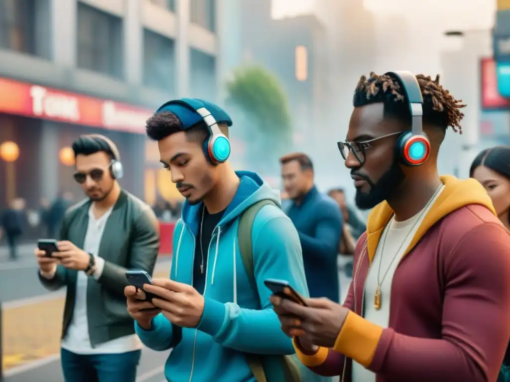 Juegos móviles: diversidad y conexión urbana global Una imagen detallada que muestra a personas diversas jugando en sus smartphones en entornos urbanos alrededor del mundo