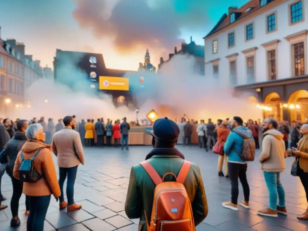 Una imagen detallada de personas interactuando con una instalación de Realidad Aumentada en juegos culturales en una plaza urbana