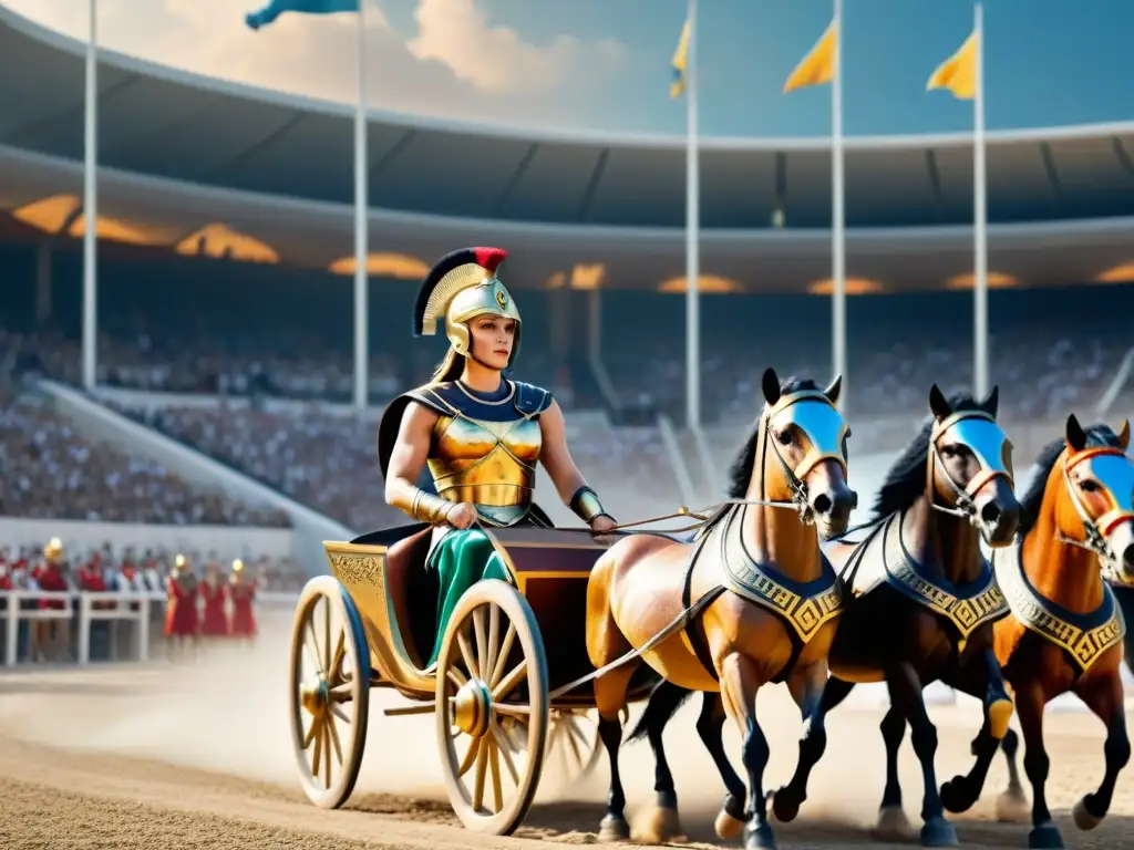 Imagen detallada de Cynisca, princesa espartana, en armadura tradicional junto a su carro y 4 caballos, en estadio olímpico antiguo