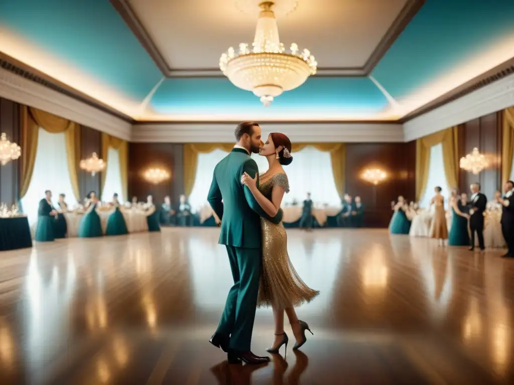 Imagen detallada de una sala de baile en los años 20, con parejas elegantes bailando al ritmo de la música en vivo