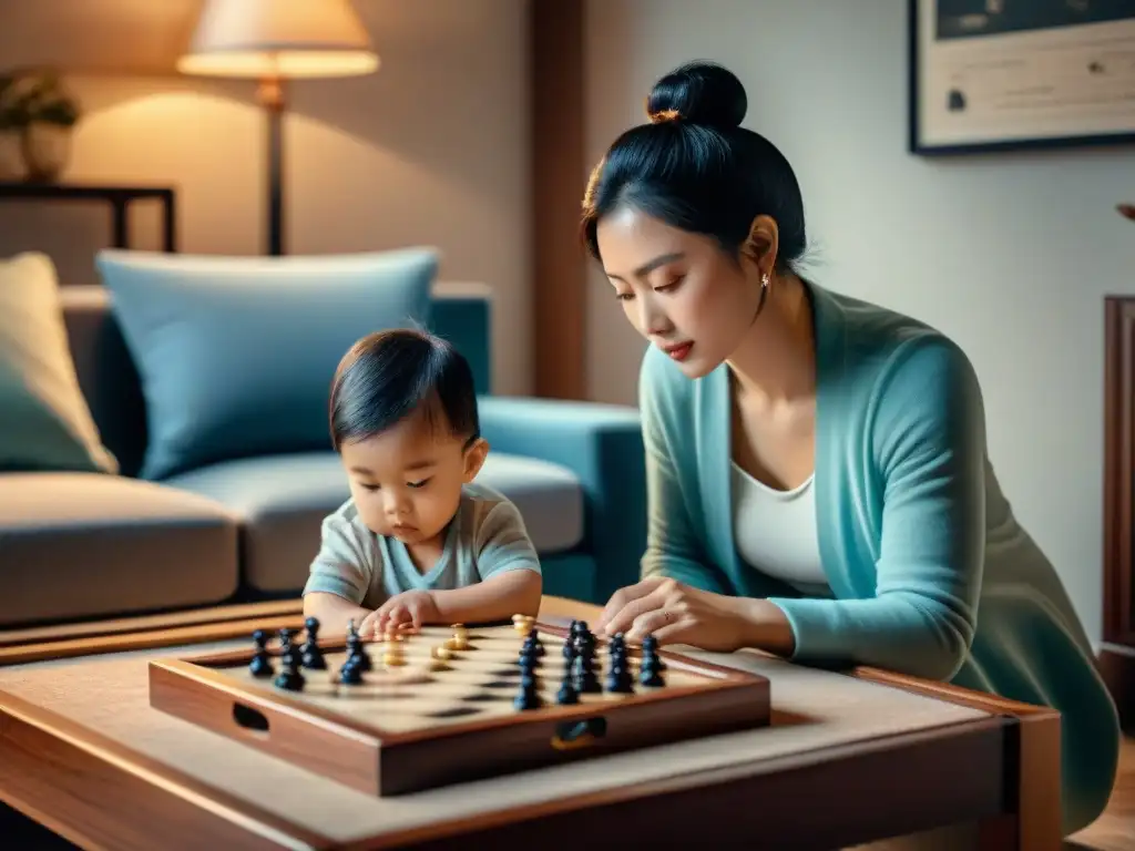 Imagen detallada de una sala serena con un niño y un padre concentrados en una partida de Go, resaltando los beneficios del juego de Go