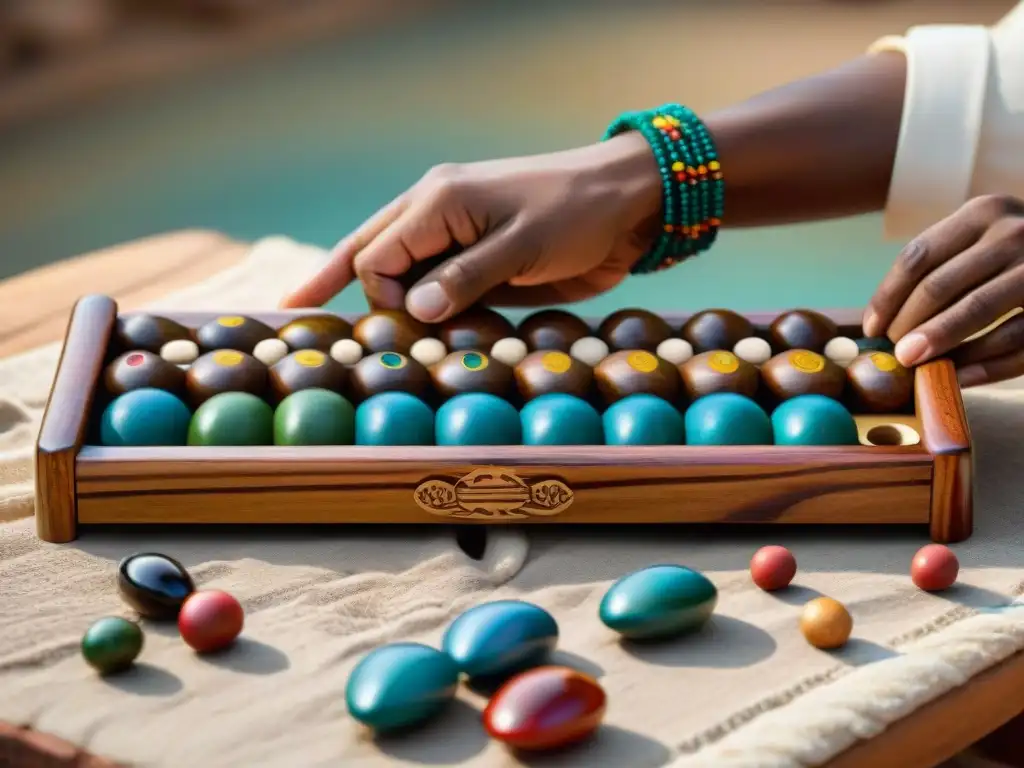 Una imagen detallada de tableros de Mancala de madera tradicionales de África y Medio Oriente, rodeados de jugadores concentrados