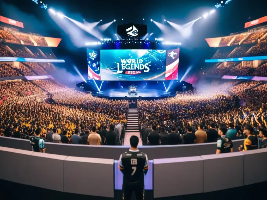 Una imagen documental de alta calidad que muestra una arena llena durante un evento del Campeonato Mundial de League of Legends