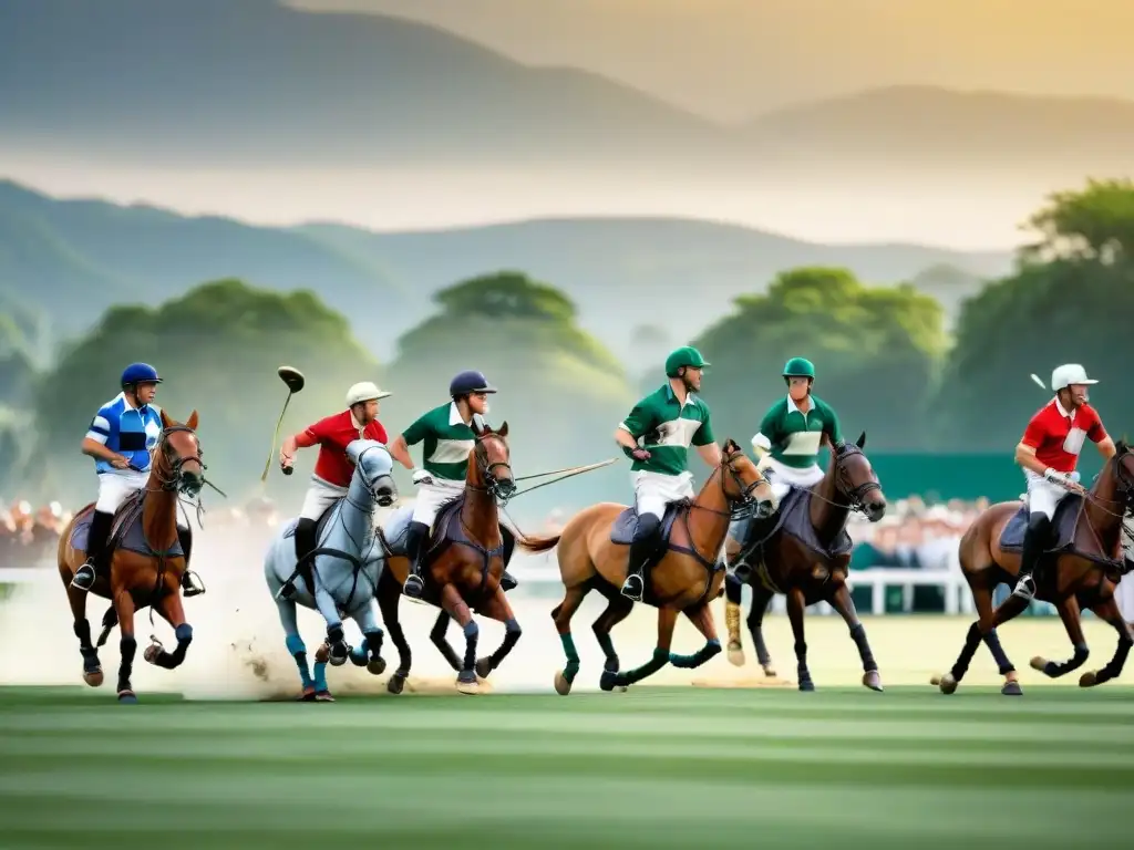 Imagen documental de alta resolución de un histórico partido de polo en evolución, con jugadores en elegantes caballos en un campo verde exuberante