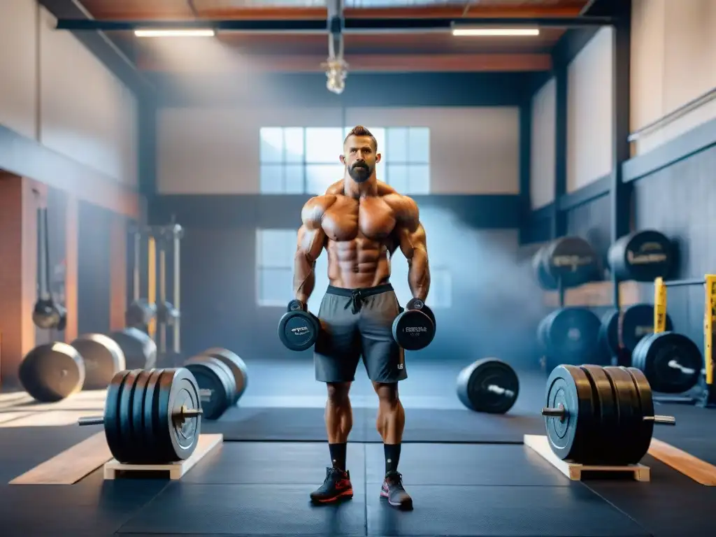 Una imagen que captura la esencia cruda y original del gimnasio de CrossFit en Santa Cruz, California, con atletas sudorosos desafiando sus límites mientras el fundador Greg Glassman los entrena apasionadamente en medio de una atmósfera intensa