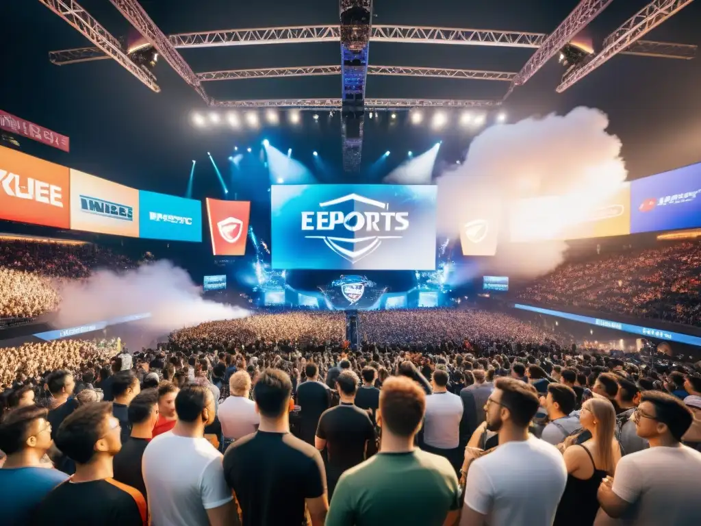 La imagen muestra un estadio de eSports lleno de fans entusiastas, pantallas LED coloridas y marcas prominentes