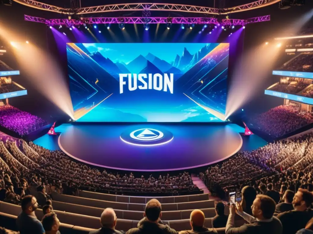 La imagen muestra la grandiosidad del escenario principal en The International 2021, con una arquitectura eventos eSports culturas mundiales vibrante