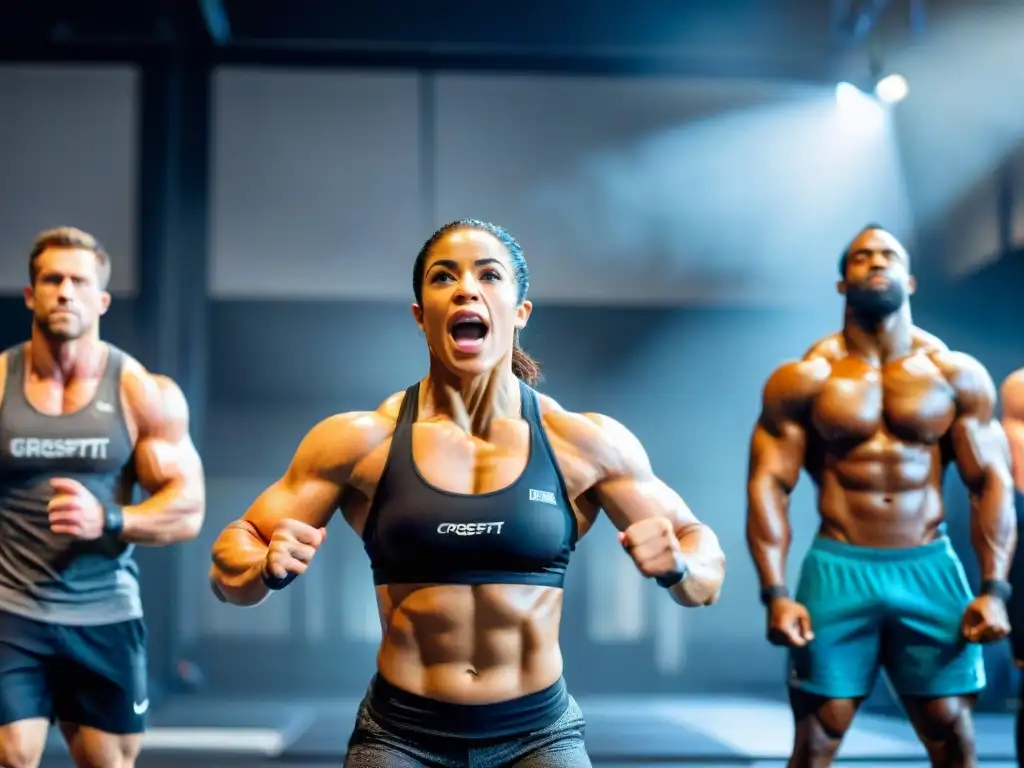 Una imagen impactante de atletas de CrossFit en pleno entrenamiento, mostrando determinación y enfoque