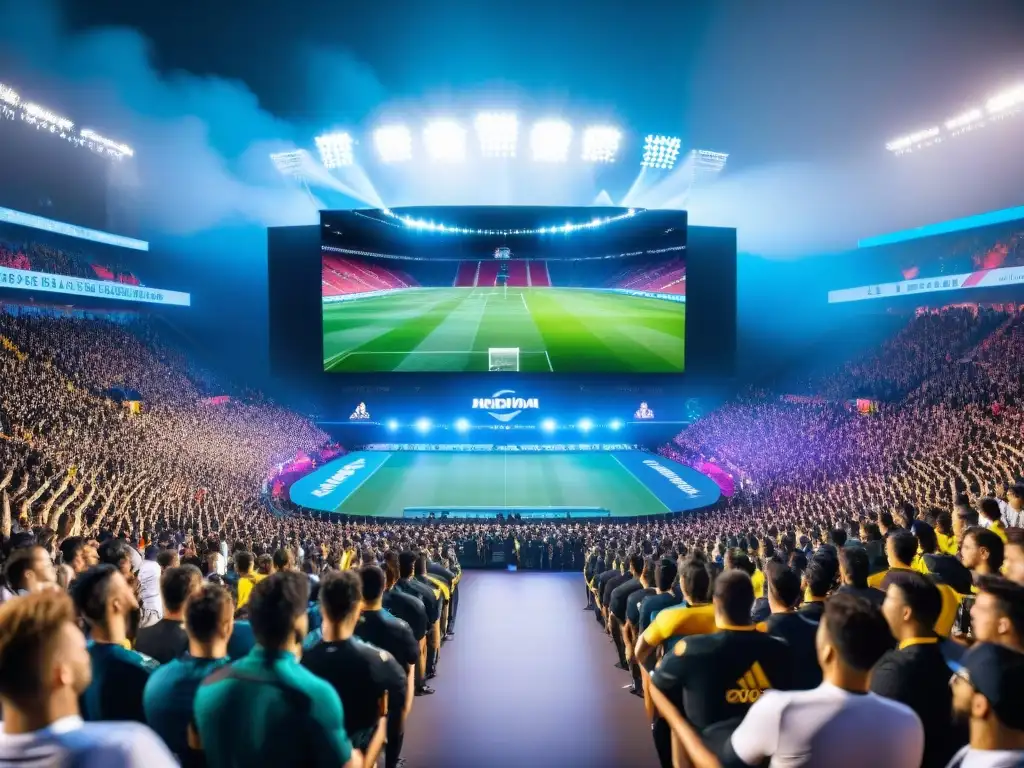 Una imagen impactante que muestra la comparativa entre eSports y Deportes Tradicionales en un estadio lleno de fans y emoción