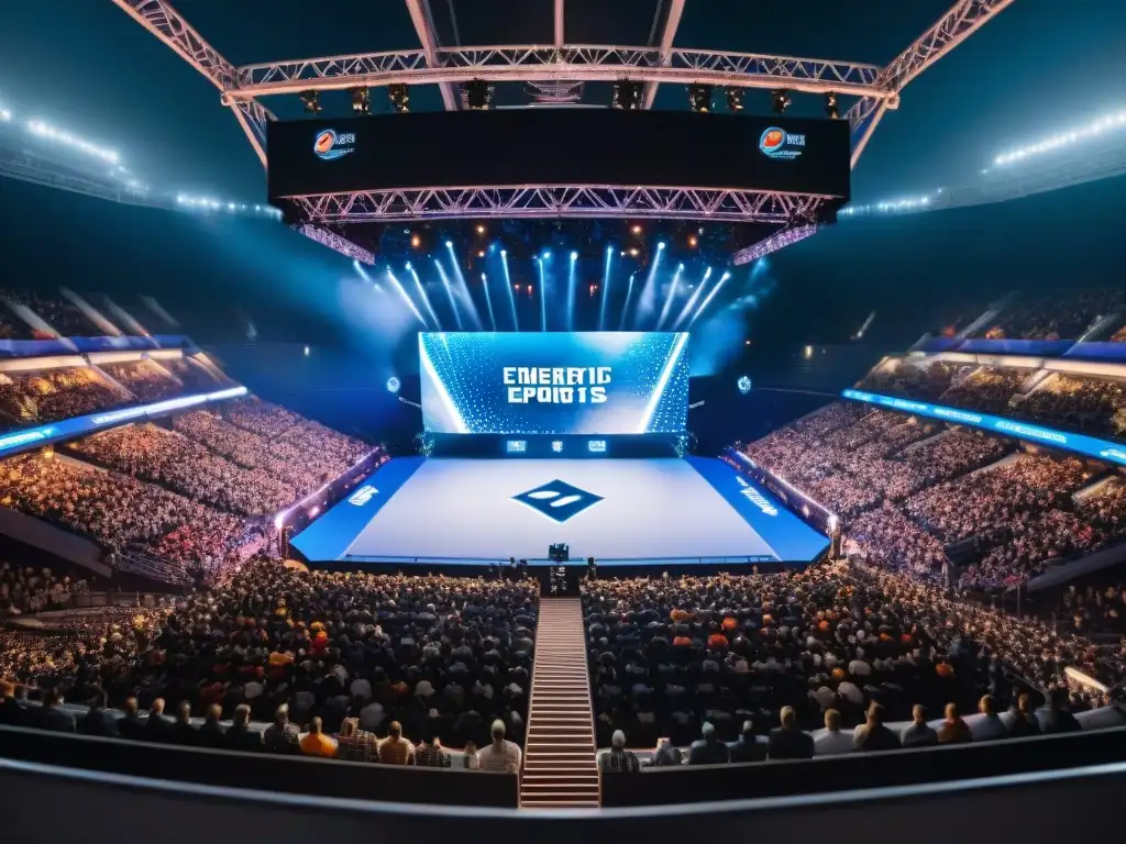 Una imagen impactante de un estadio lleno en un torneo importante de eSports, con miles de fanáticos entusiastas animando a sus equipos favoritos