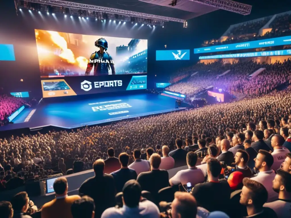 Imagen impactante de un estadio lleno de fans entusiastas viendo una intensa competencia de eSports