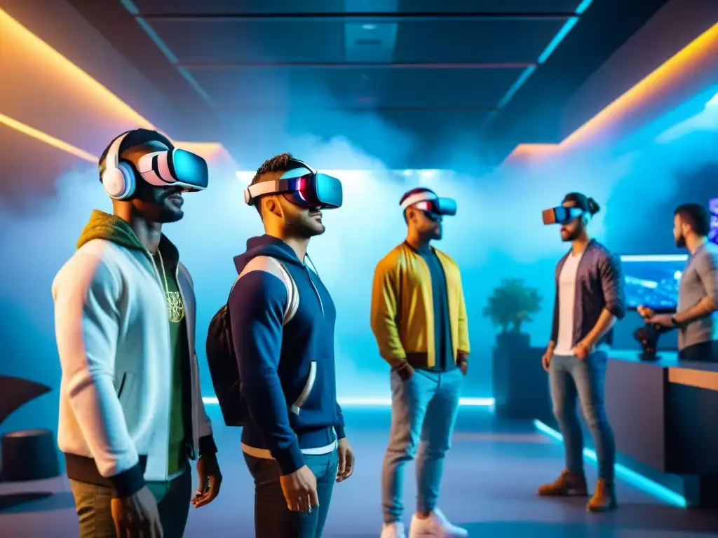 Una imagen de alta resolución de jugadores inmersos en un mundo de realidad virtual, fusionando elementos culturales y sociales en el diseño del juego