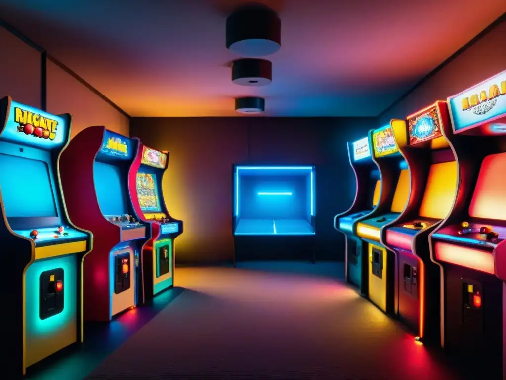 Una imagen nostálgica de una sala de juegos de los años 80 con máquinas de arcade clásicas y decoración retro