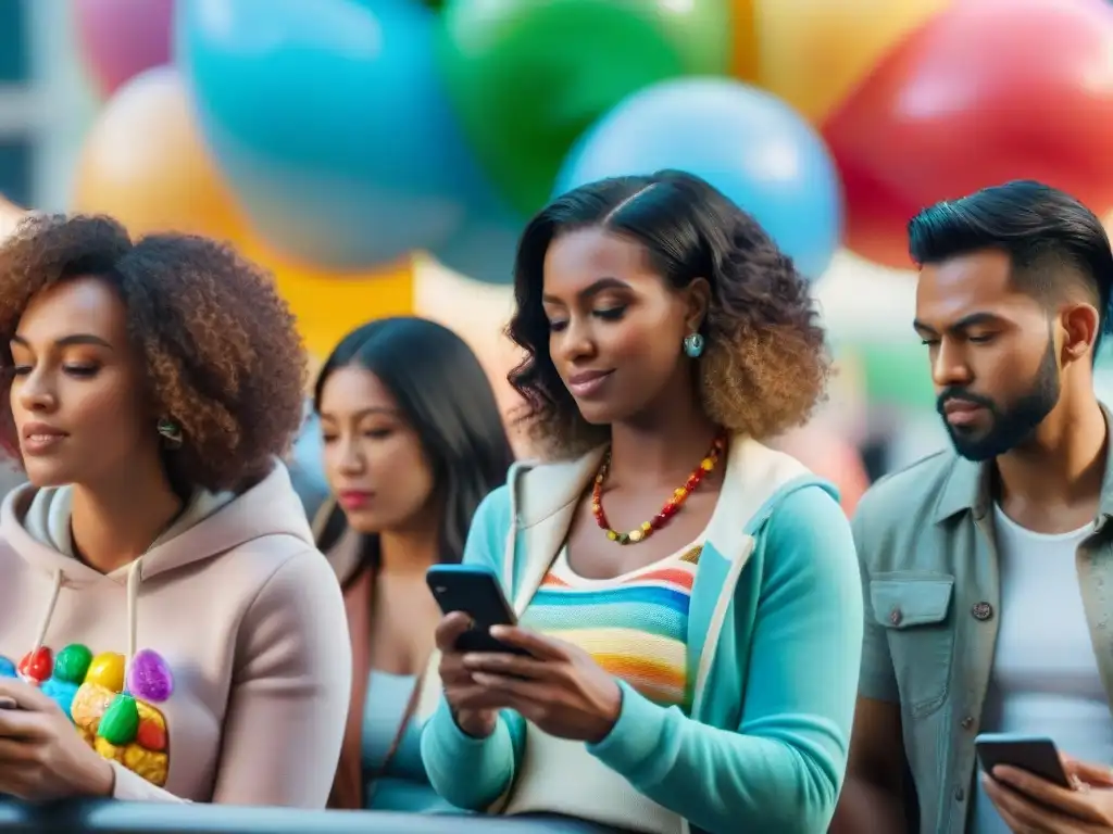 Una imagen de personas diversas concentradas en sus smartphones jugando Candy Crush Saga, reflejando emociones variadas