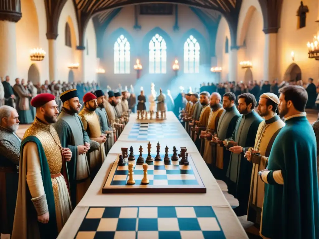 Imagen de un torneo de ajedrez medieval en una sala grandiosa, con nobles y plebeyos observando con fascinación