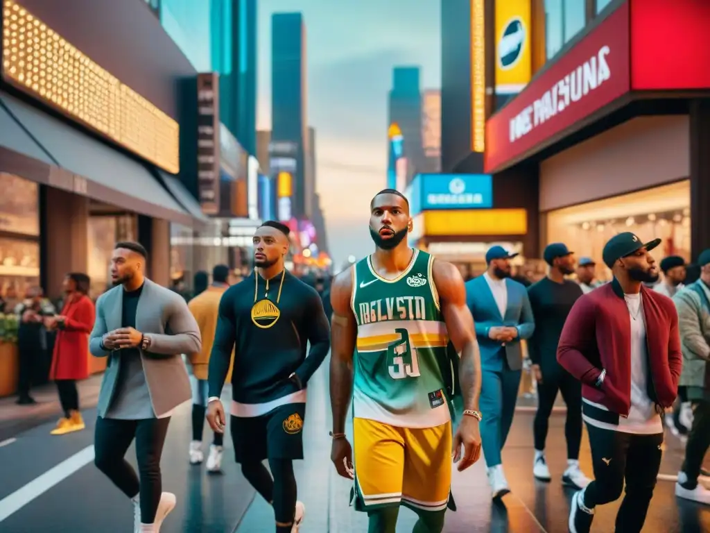 Una imagen urbana que fusiona moda de NBA con marcas de lujo, reflejando la conexión entre deporte y estilo en la ciudad