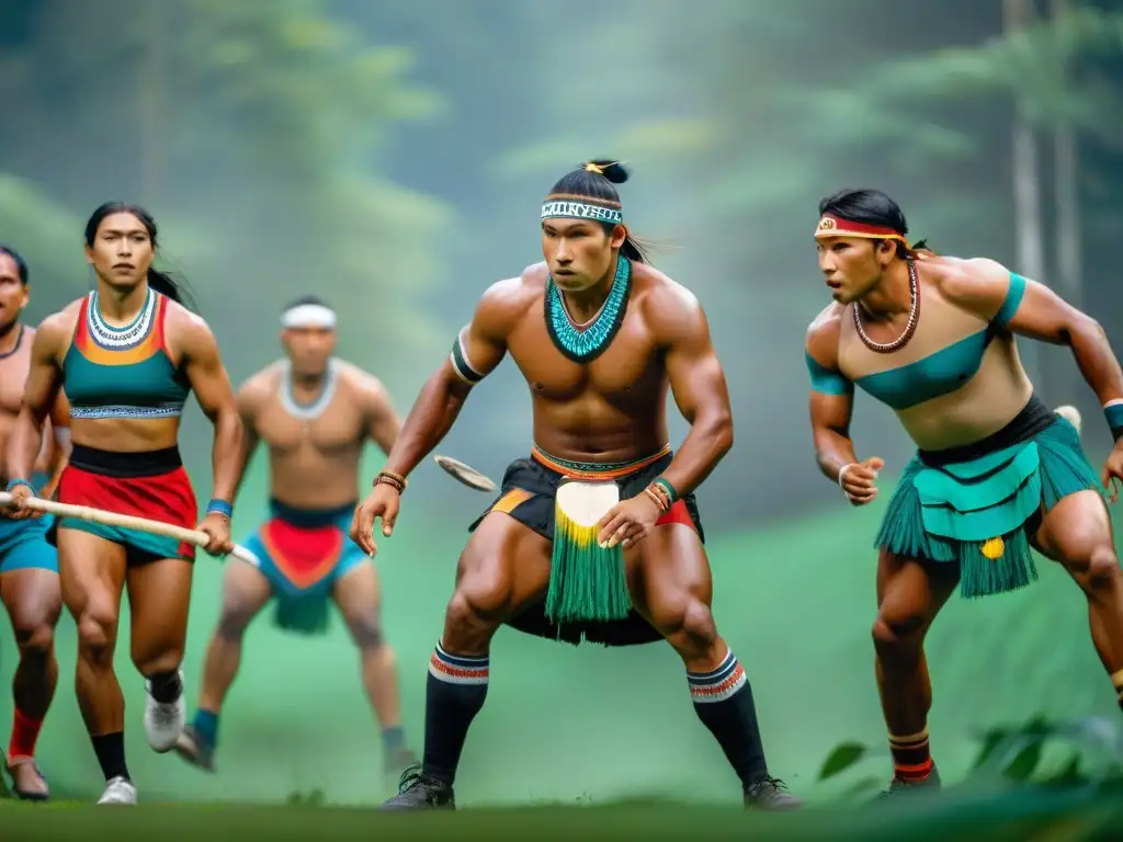 Competencia deportiva indígena: tradición y fuerza en la selva Imagen vibrante de atletas indígenas en competencia de deportes tradicionales, con atuendos coloridos y pintura corporal, en un bosque exuberante