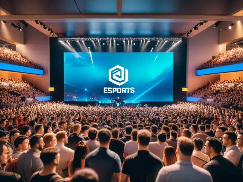 Imagen vibrante de un emocionante evento de esports con público entusiasta, jugadores profesionales y gráficos dinámicos