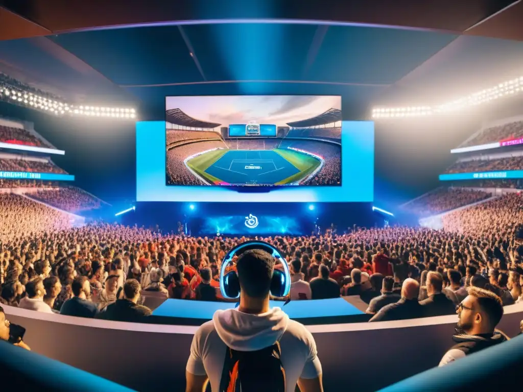 Una imagen vibrante de un estadio lleno de fans emocionados y un torneo de esports, capturando la evolución de videojuegos a deporte